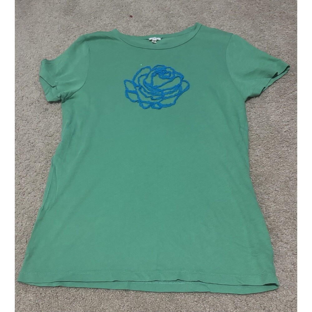 JCrew Floral Applique Design 100% Cotton Green Short Sleeve Size Medium
